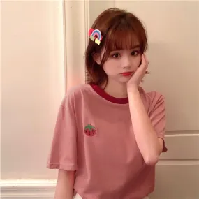 Cute Pink Strawberry Embroidered Loose T-shirt