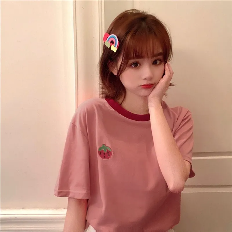 Cute Pink Strawberry Embroidered Loose T-shirt