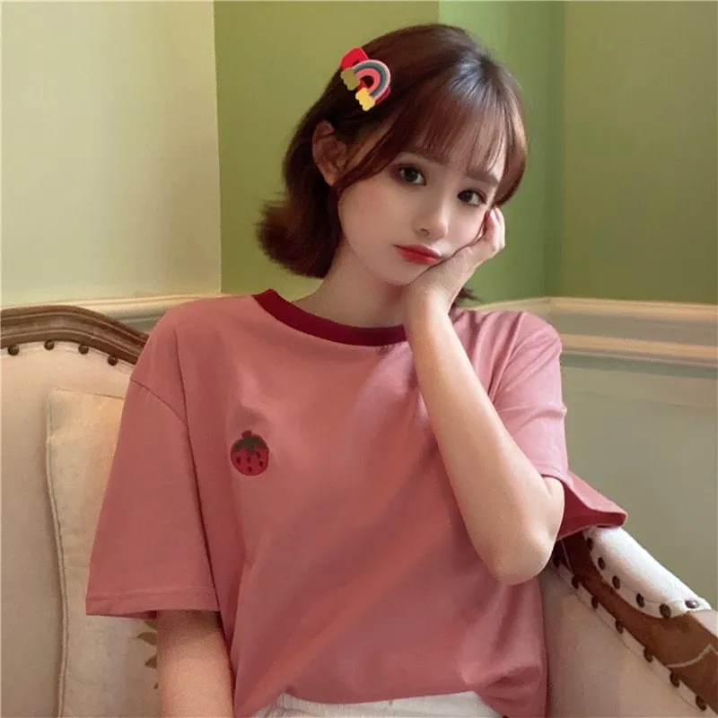 Cute Pink Strawberry Embroidered Loose T-shirt
