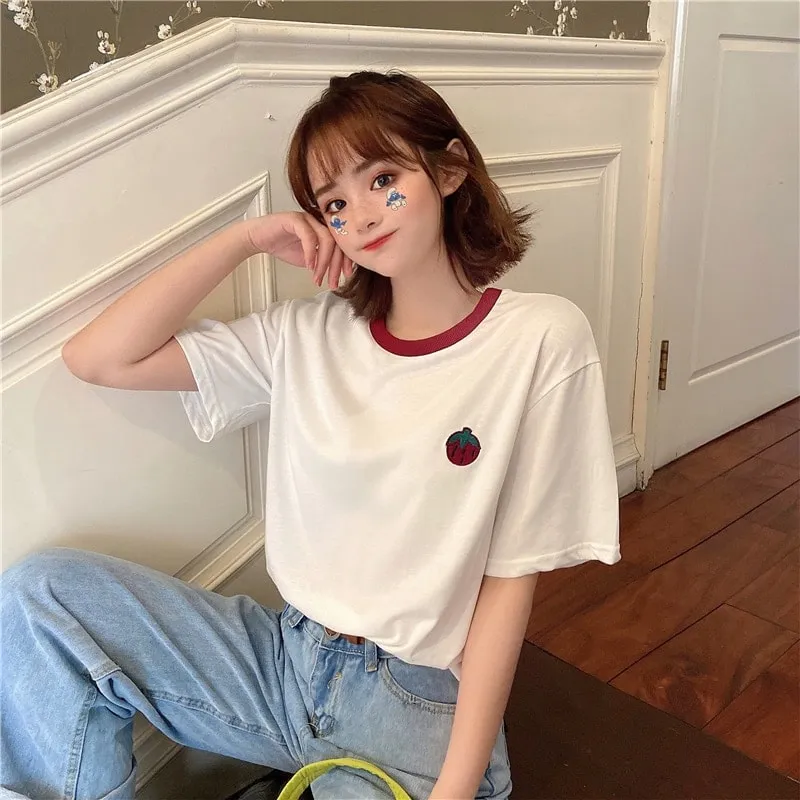 Cute Pink Strawberry Embroidered Loose T-shirt