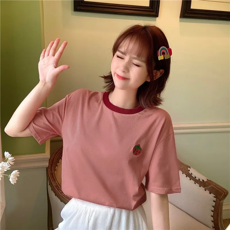 Cute Pink Strawberry Embroidered Loose T-shirt