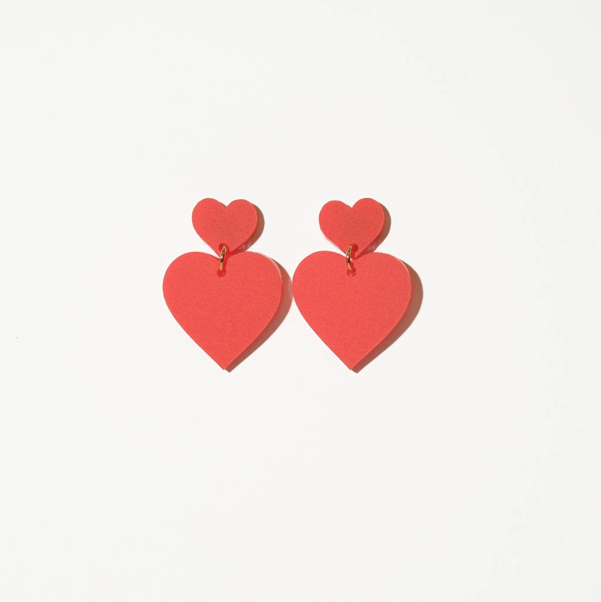 Double Heart Dangle Earrings in Matte Red