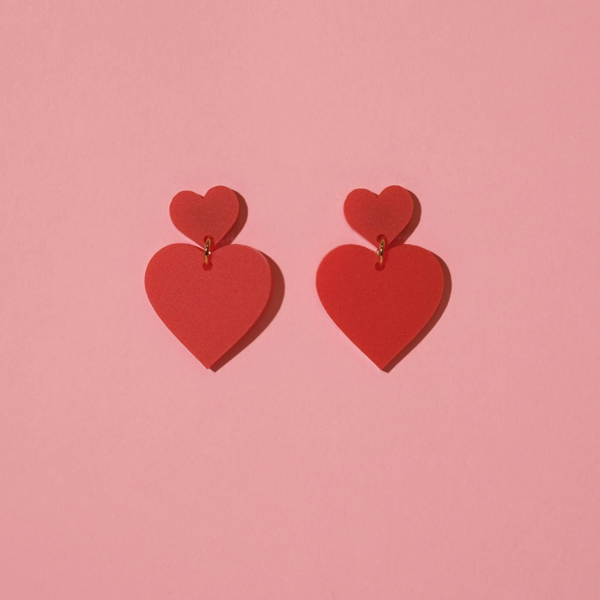 Double Heart Dangle Earrings in Matte Red