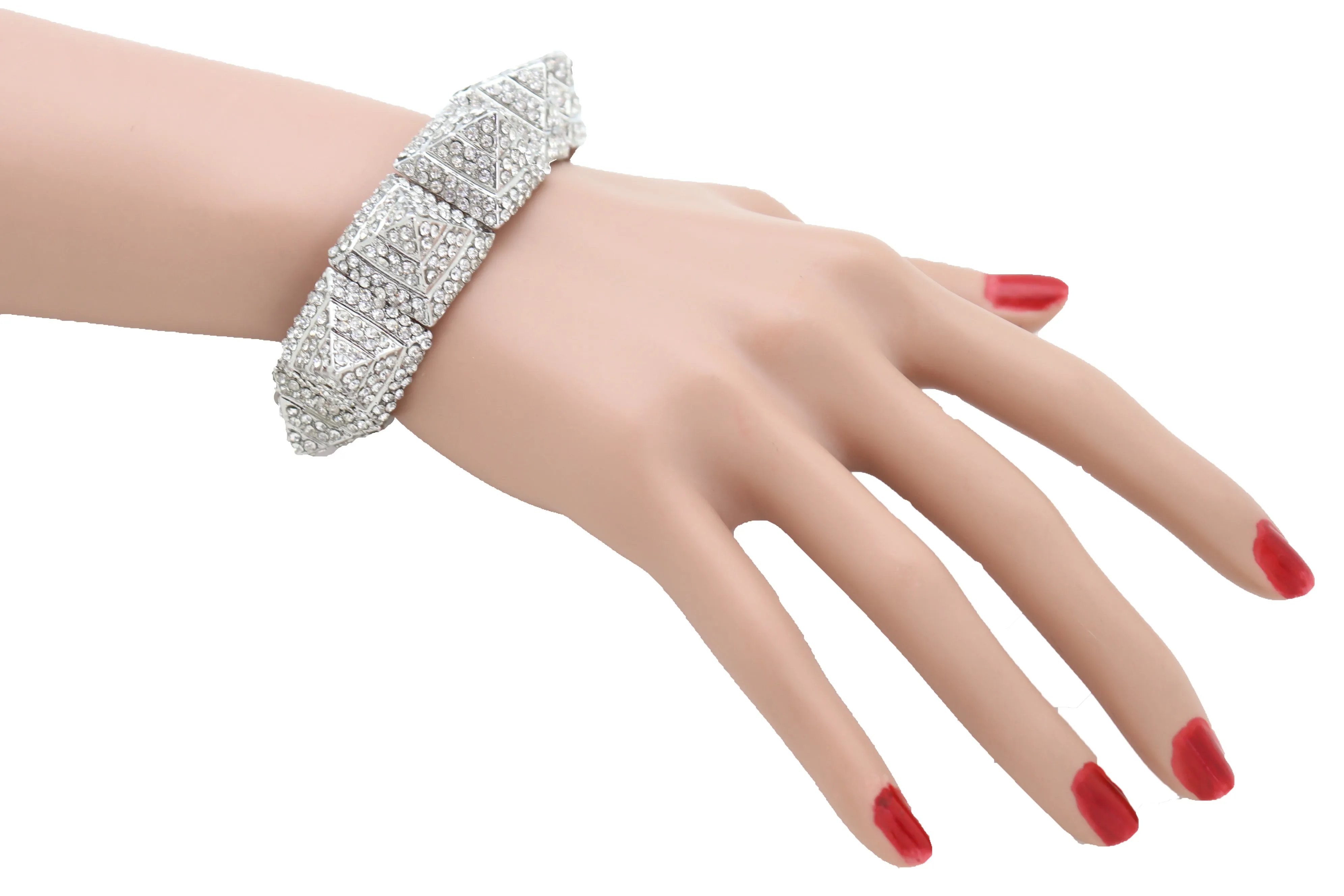 Elegant Silver Metal Bracelet Shiny Bling Pyramid Spikes One Size Fits All