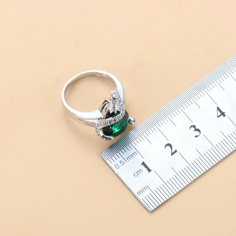 Enchanting Water Drop Green Stone 925 Mark Jewelry Sets Stud Earrings/Necklace/Pendant/Ring For Women Wedding Gift