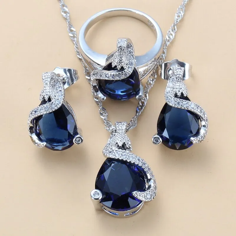 Enchanting Water Drop Green Stone 925 Mark Jewelry Sets Stud Earrings/Necklace/Pendant/Ring For Women Wedding Gift