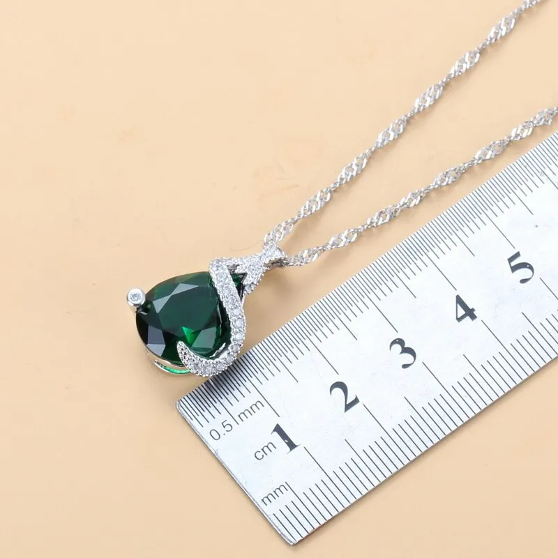 Enchanting Water Drop Green Stone 925 Mark Jewelry Sets Stud Earrings/Necklace/Pendant/Ring For Women Wedding Gift