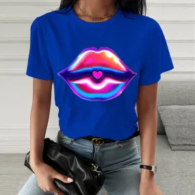 Fashion  spring and summer psychedelic lips printing short-sleeved T-shirt