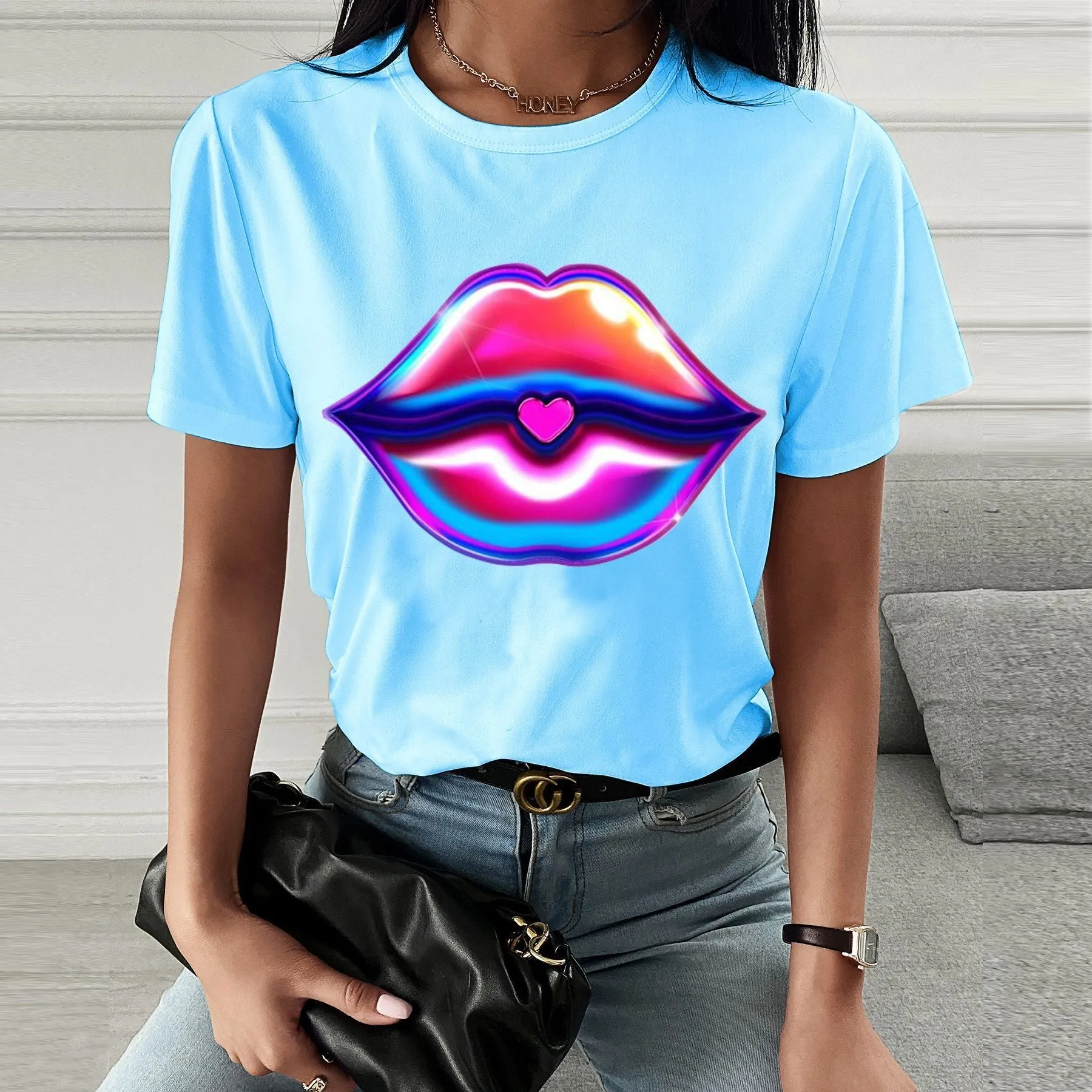 Fashion  spring and summer psychedelic lips printing short-sleeved T-shirt