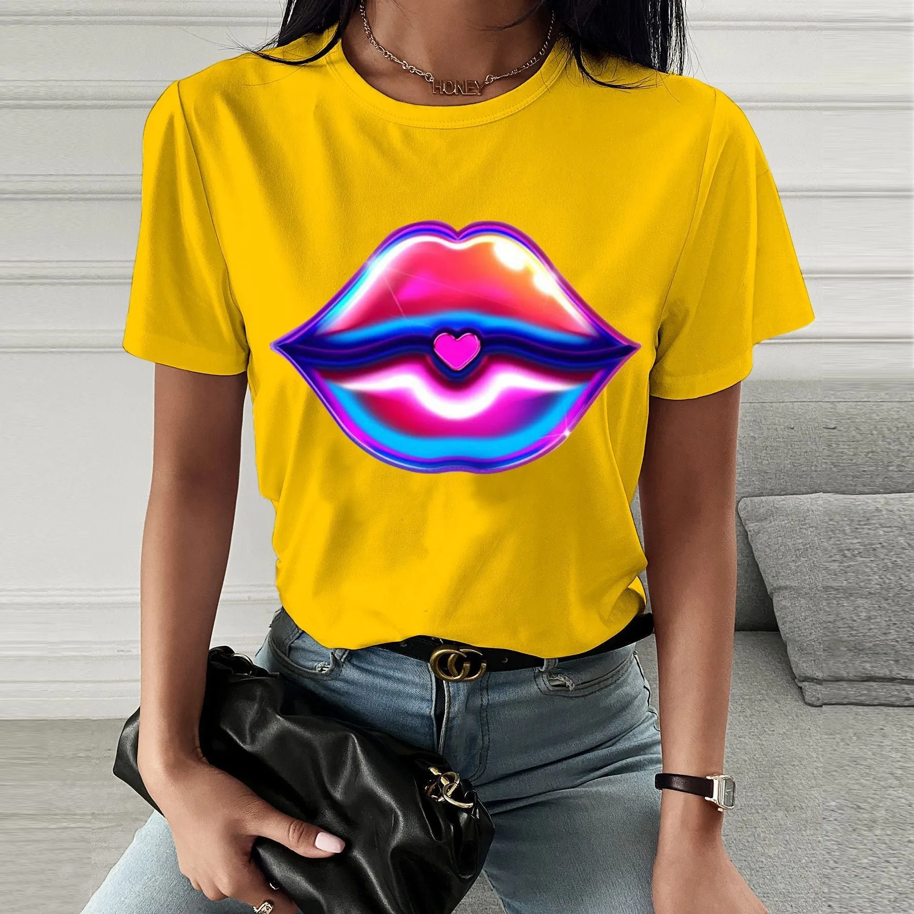Fashion  spring and summer psychedelic lips printing short-sleeved T-shirt
