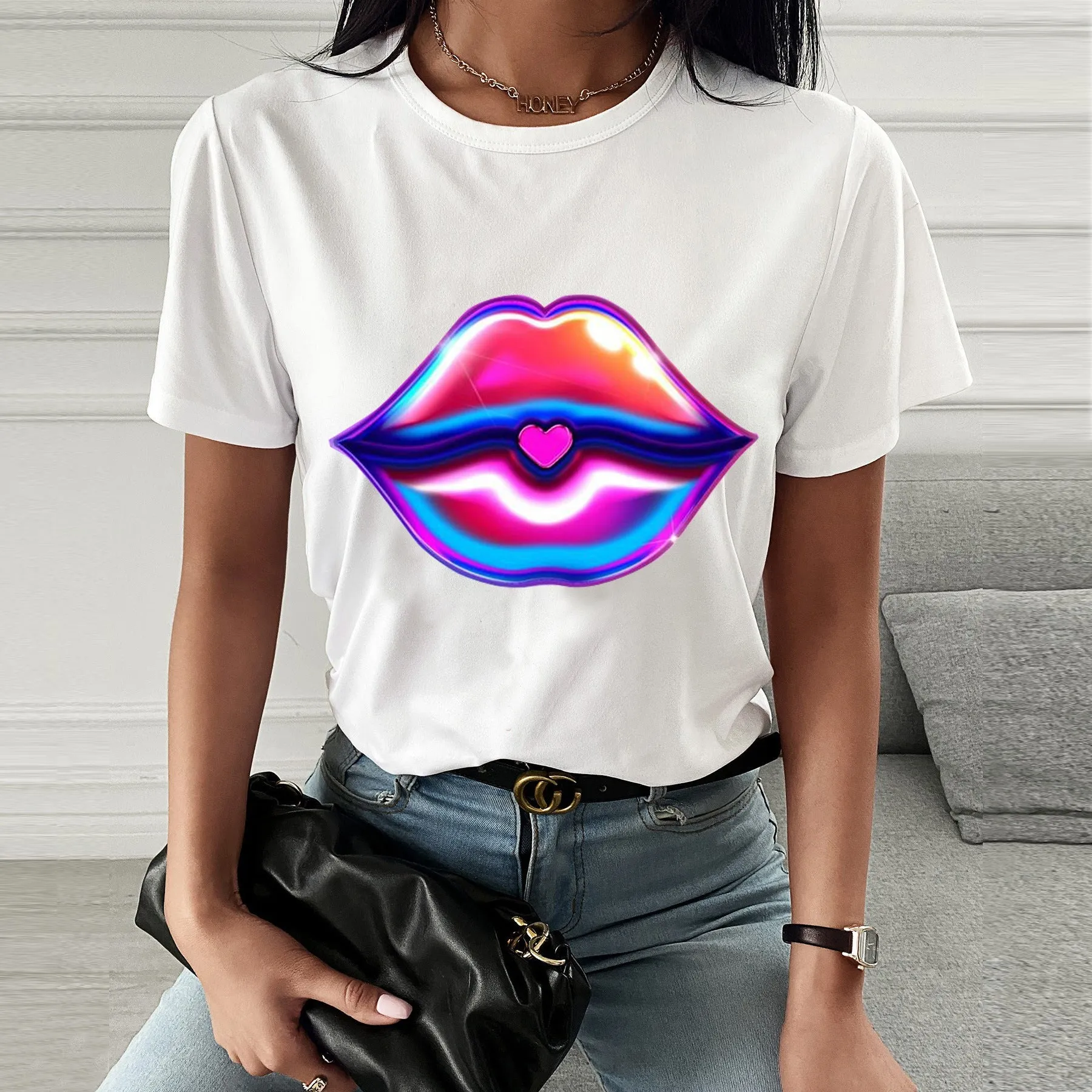 Fashion  spring and summer psychedelic lips printing short-sleeved T-shirt