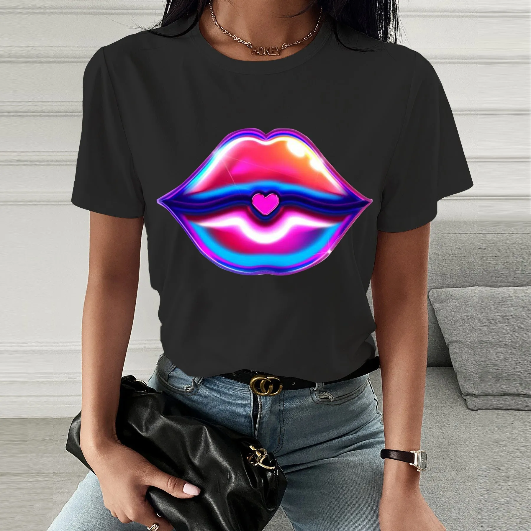 Fashion  spring and summer psychedelic lips printing short-sleeved T-shirt