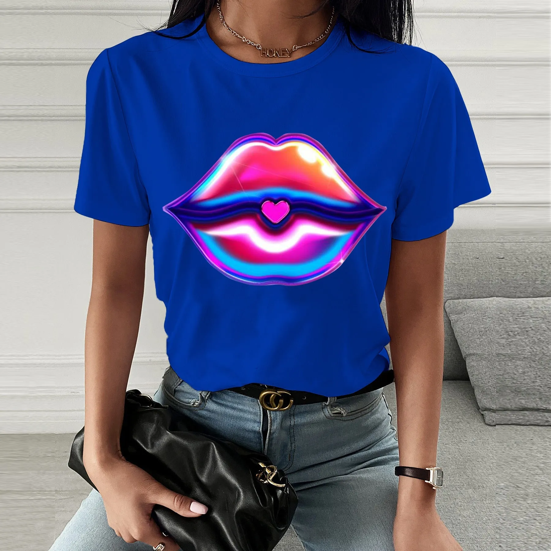 Fashion  spring and summer psychedelic lips printing short-sleeved T-shirt