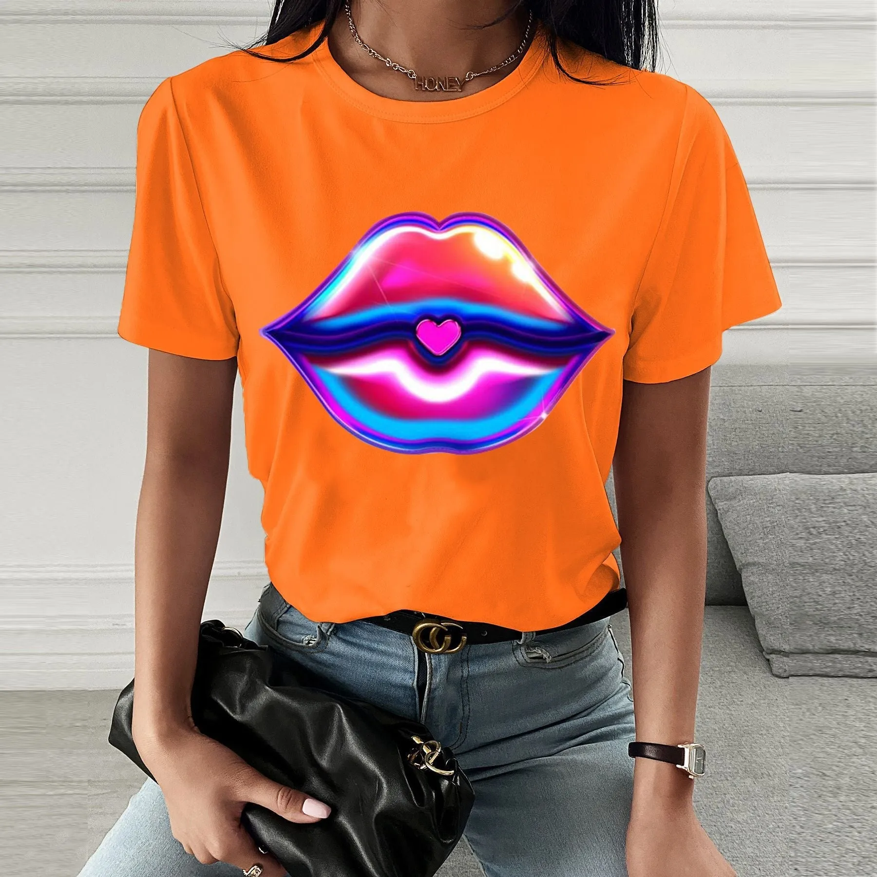 Fashion  spring and summer psychedelic lips printing short-sleeved T-shirt