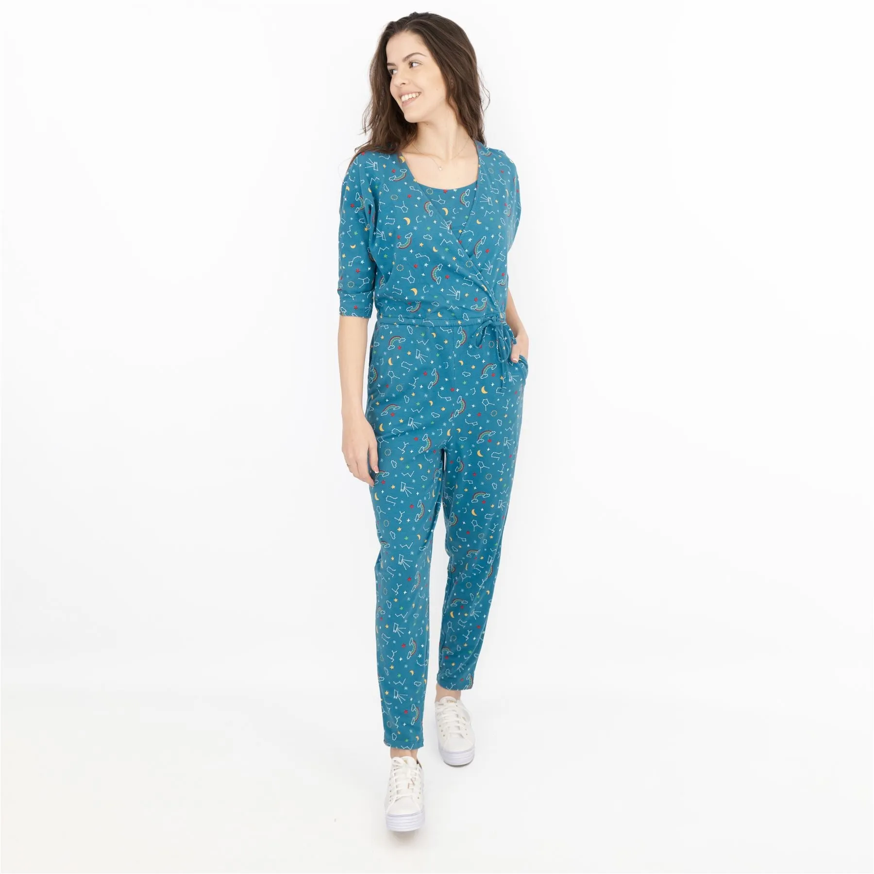 Frugi Bloom Teal Astrology Print for Maternity and Nursing Short Sleeve Cross Wrap Soft Jersey Jumpsuits