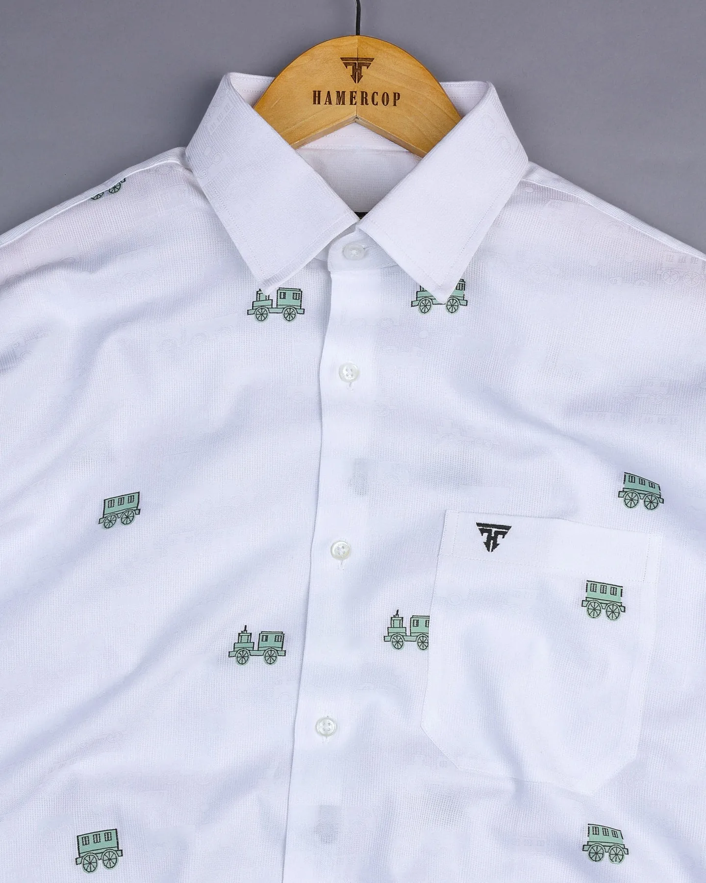 Green ToyTrain Printed Jacquard White Gizza Shirt