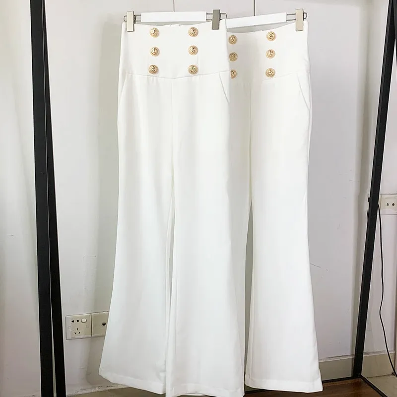 HarleyFashion New Trendy Women Summer Elegant Empaire Waist Buttons Full Length Solid Casual White Wide-leg Pants