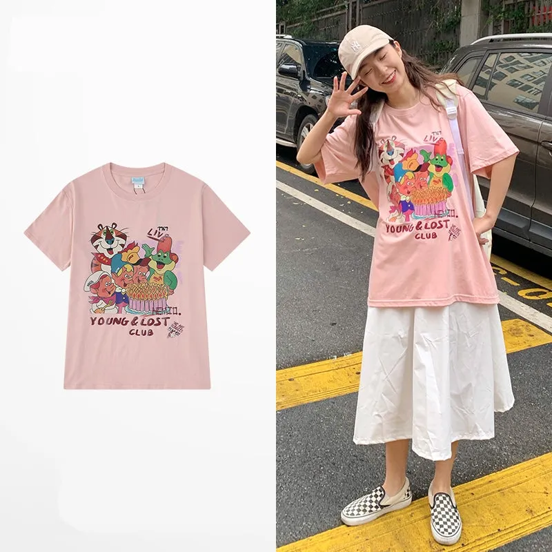Ins Style Pink Cartoon Pattern Printed Loose T-shirt