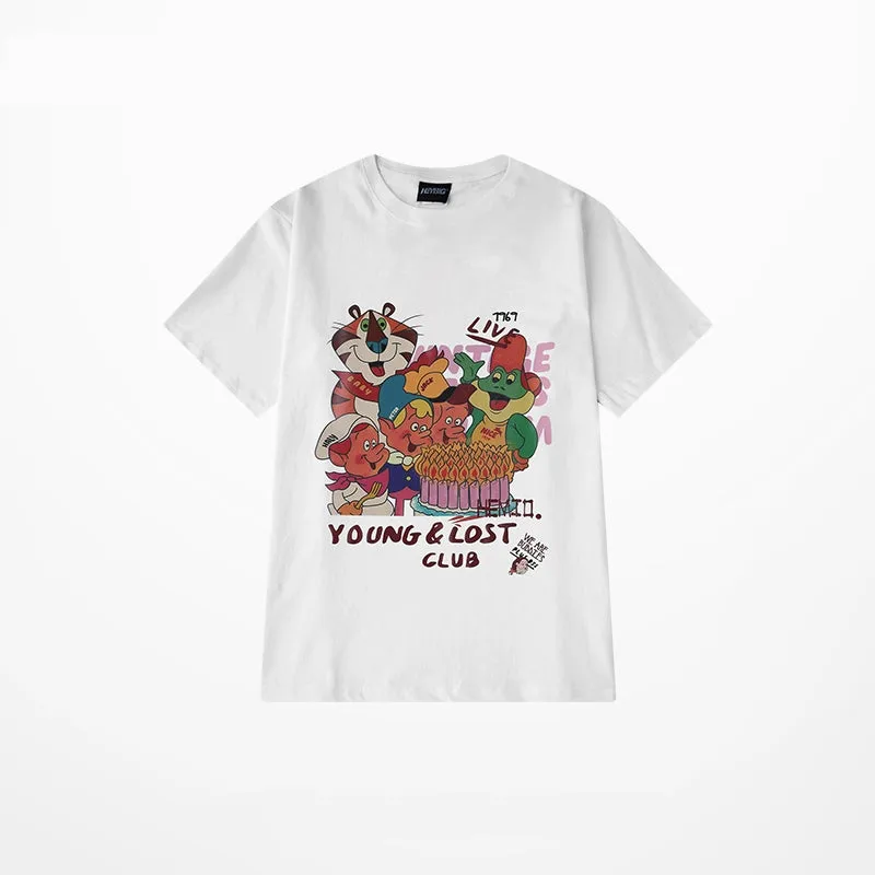 Ins Style Pink Cartoon Pattern Printed Loose T-shirt