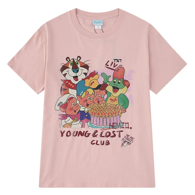 Ins Style Pink Cartoon Pattern Printed Loose T-shirt