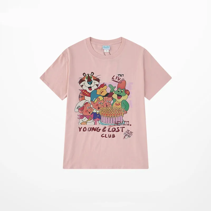 Ins Style Pink Cartoon Pattern Printed Loose T-shirt