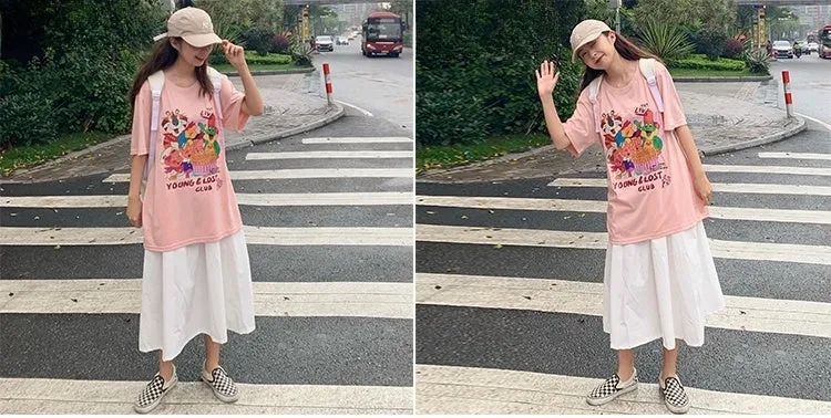 Ins Style Pink Cartoon Pattern Printed Loose T-shirt