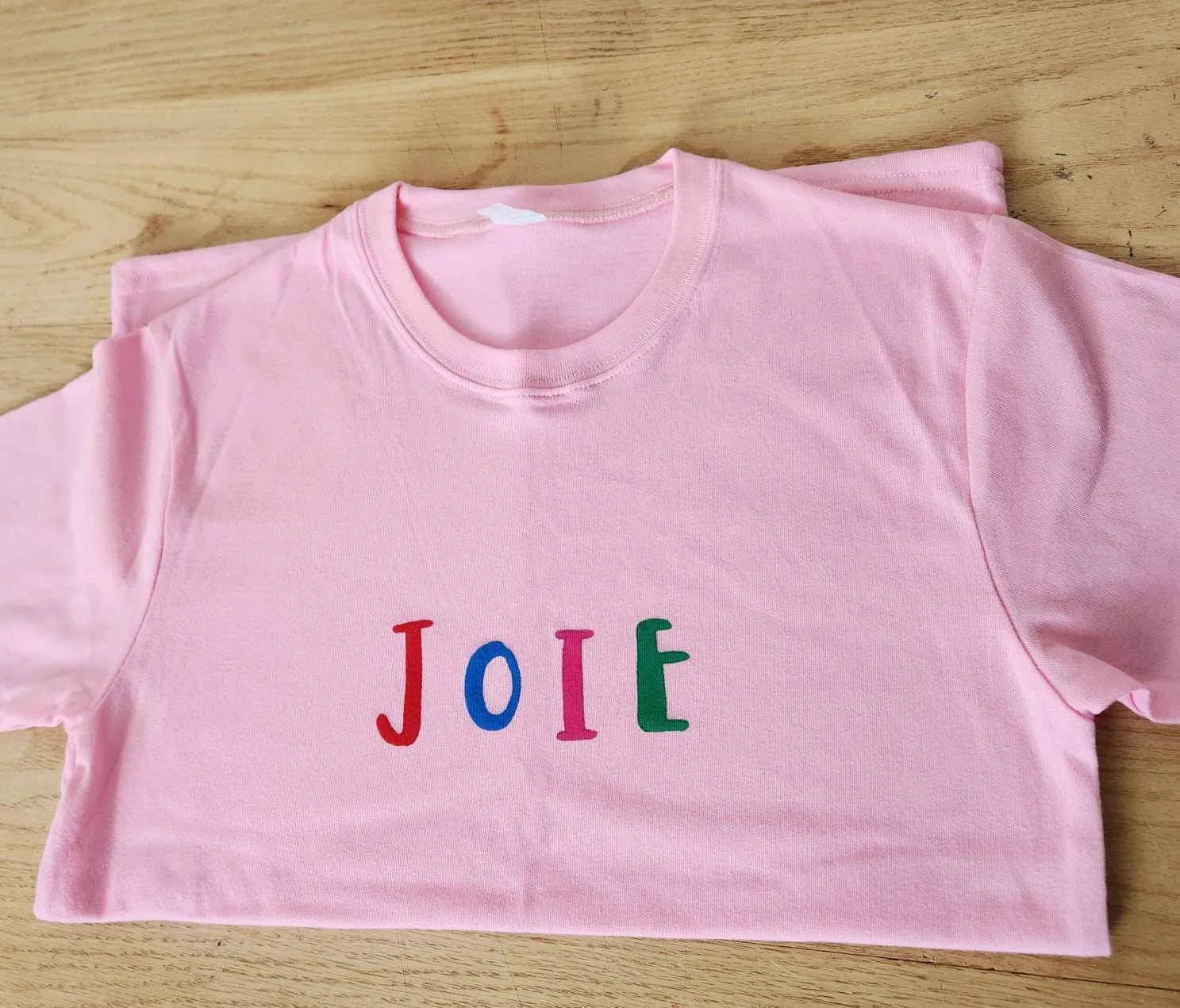Joie t-shirt, hand printed UNISEX joy tshirt, colorful graphic french quote, minimalist fashion block print clothing, ethical spring fashion