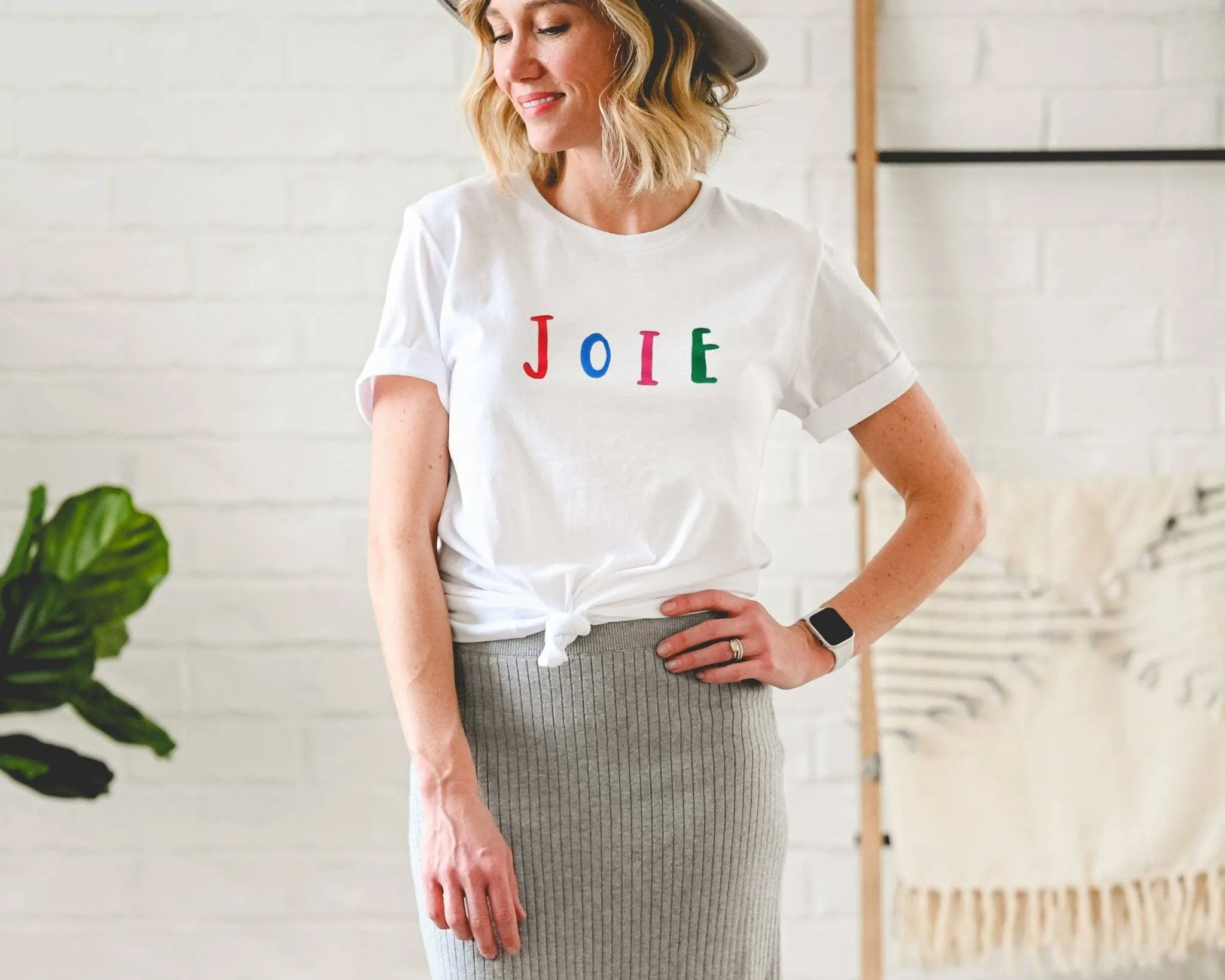 Joie t-shirt, hand printed UNISEX joy tshirt, colorful graphic french quote, minimalist fashion block print clothing, ethical spring fashion
