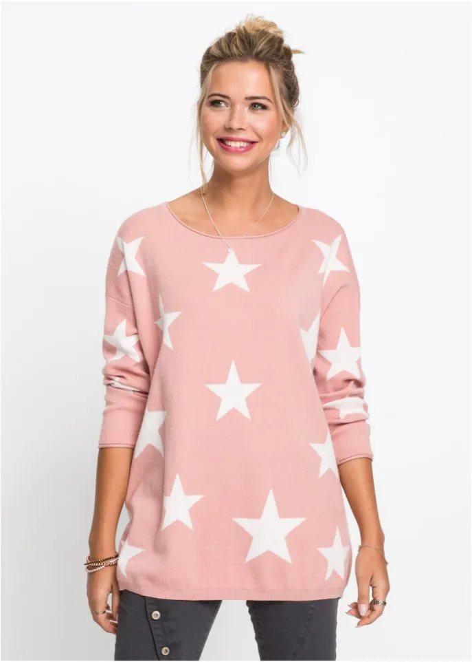 Knitted sweater with Rainbow star print, pink
