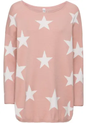 Knitted sweater with Rainbow star print, pink