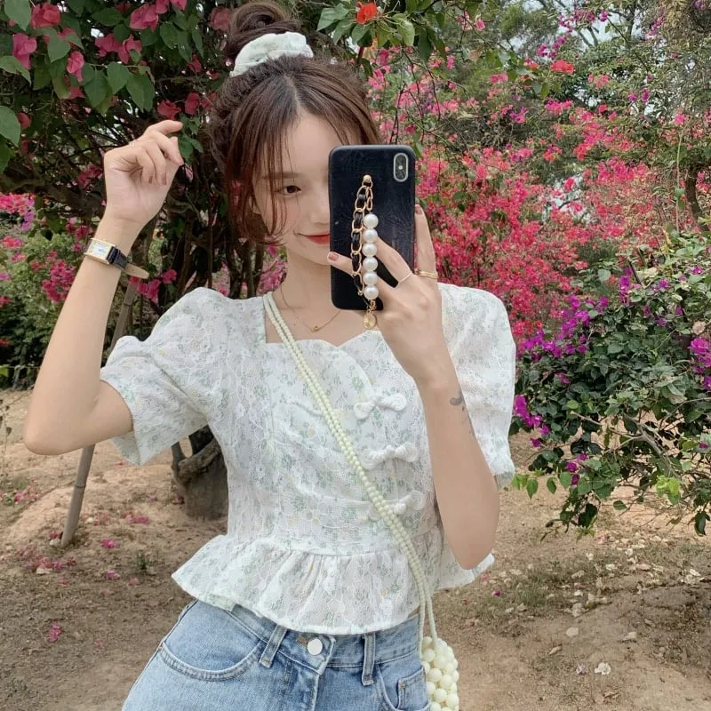 Korean Floral Puff Sleeve Sweet Blouse