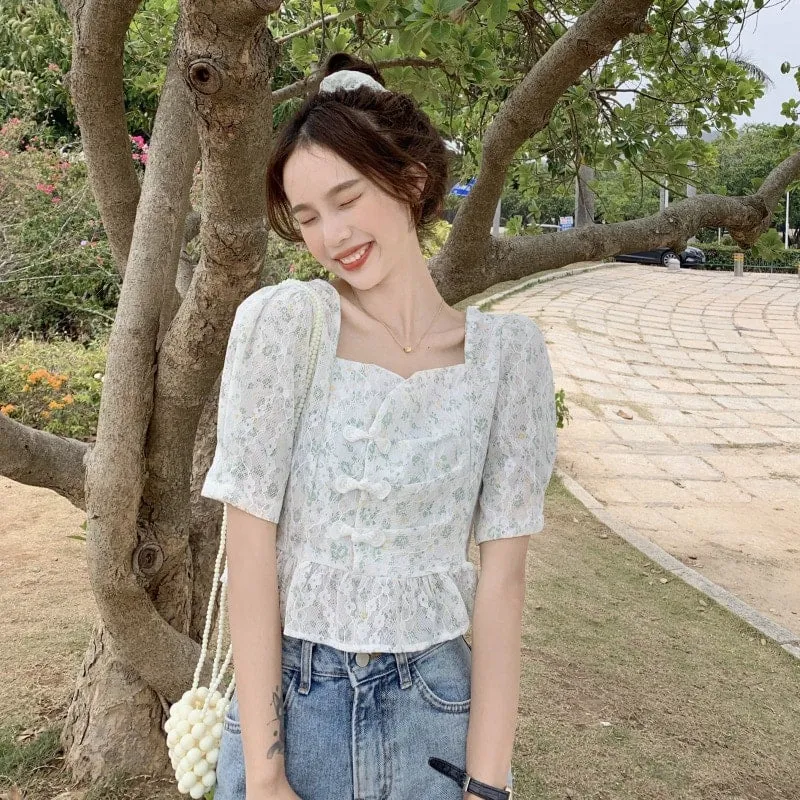 Korean Floral Puff Sleeve Sweet Blouse