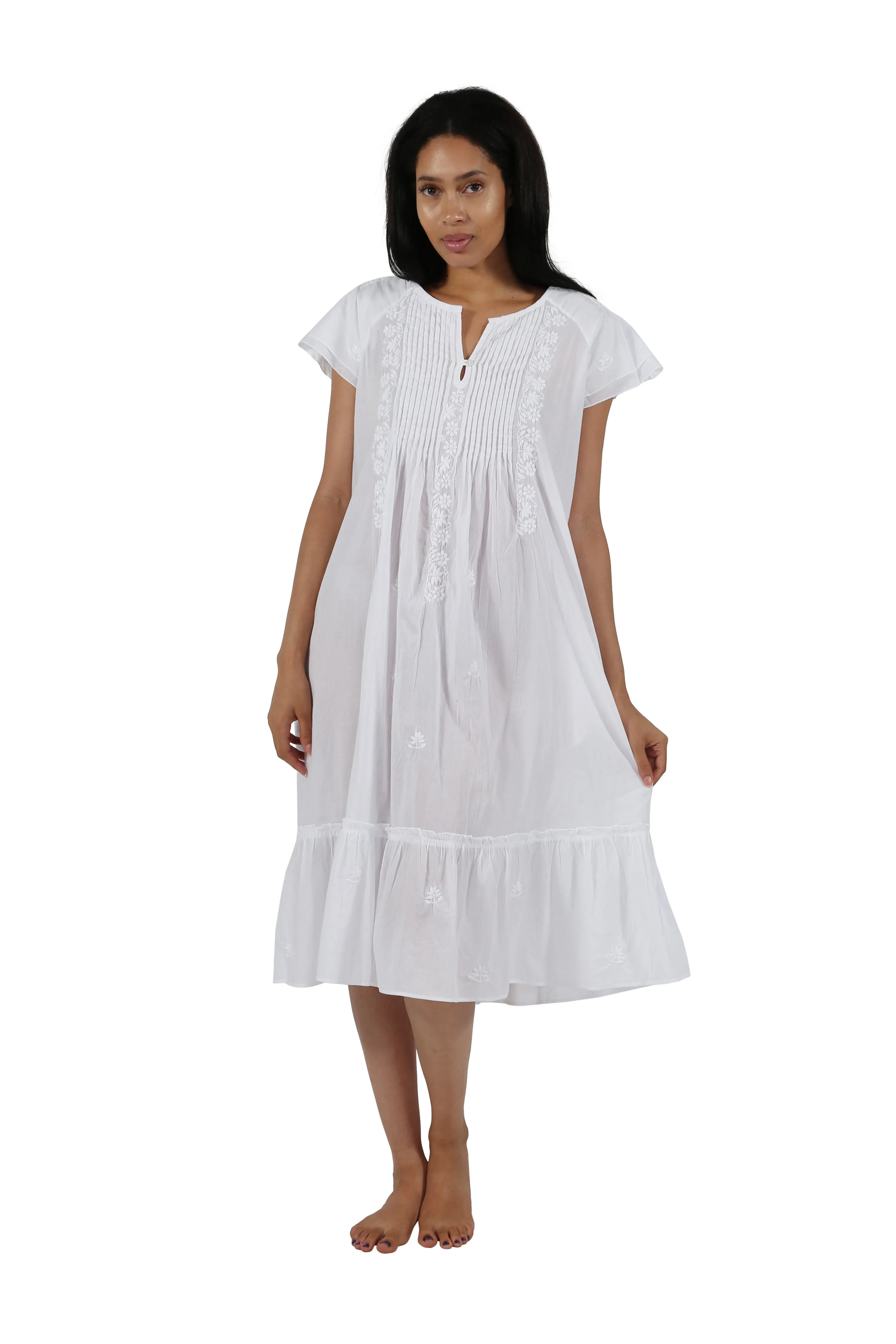 La Cera Double Cap Short Sleeve Cotton Embroidered Gown
