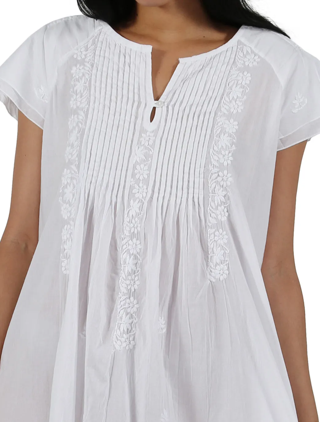 La Cera Double Cap Short Sleeve Cotton Embroidered Gown