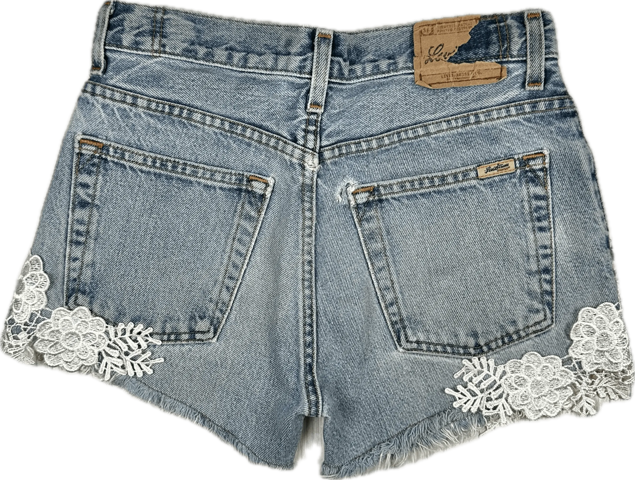Levis Reworked  High Rise Disresssed Lace Trim Denim Shorts - Size 25"