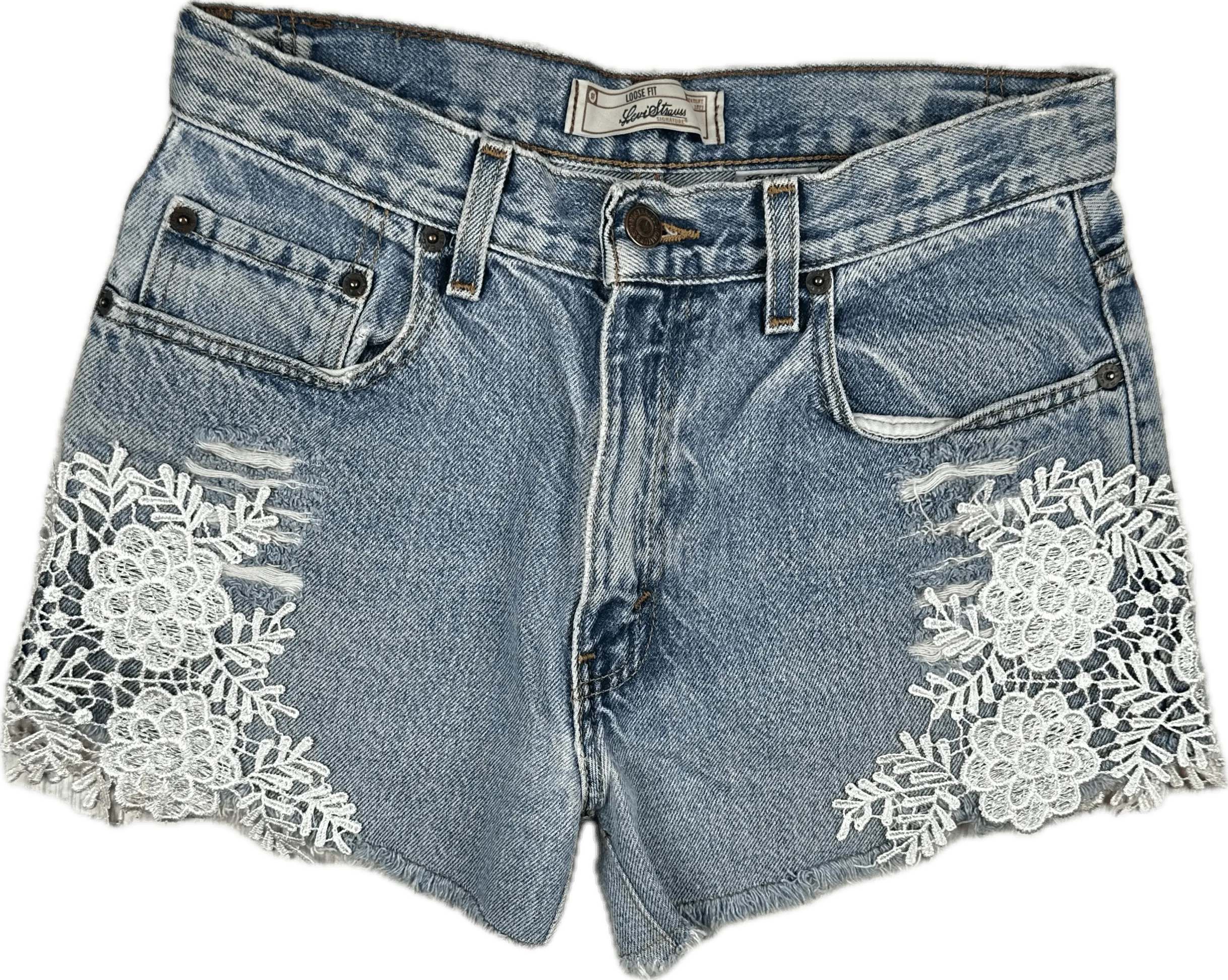 Levis Reworked  High Rise Disresssed Lace Trim Denim Shorts - Size 25"