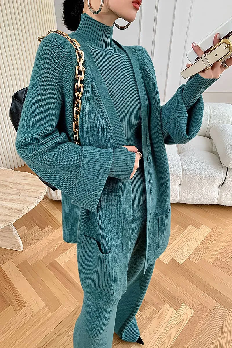 Loose Straight Leg pants cardigan sweater coat Two-piece   turtleneck top
