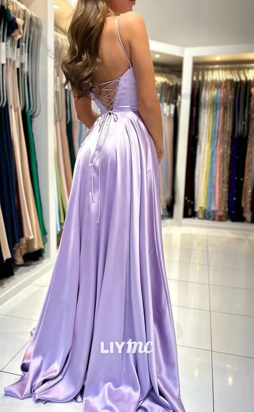 LP1859 - Scoop Spaghetti Straps Lace-Up A-Line Sleek Plaeted Satin Prom Dress