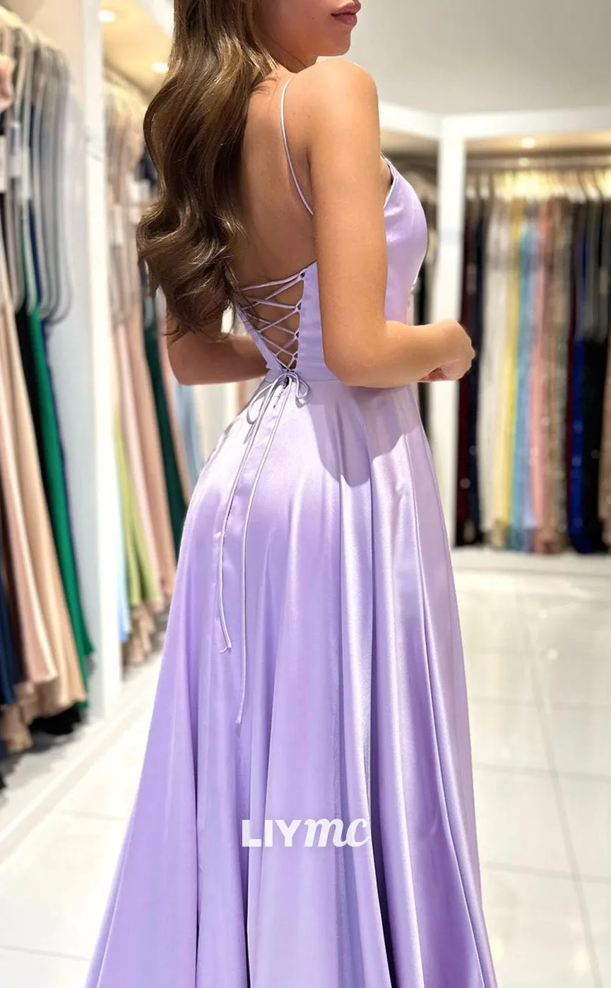 LP1859 - Scoop Spaghetti Straps Lace-Up A-Line Sleek Plaeted Satin Prom Dress