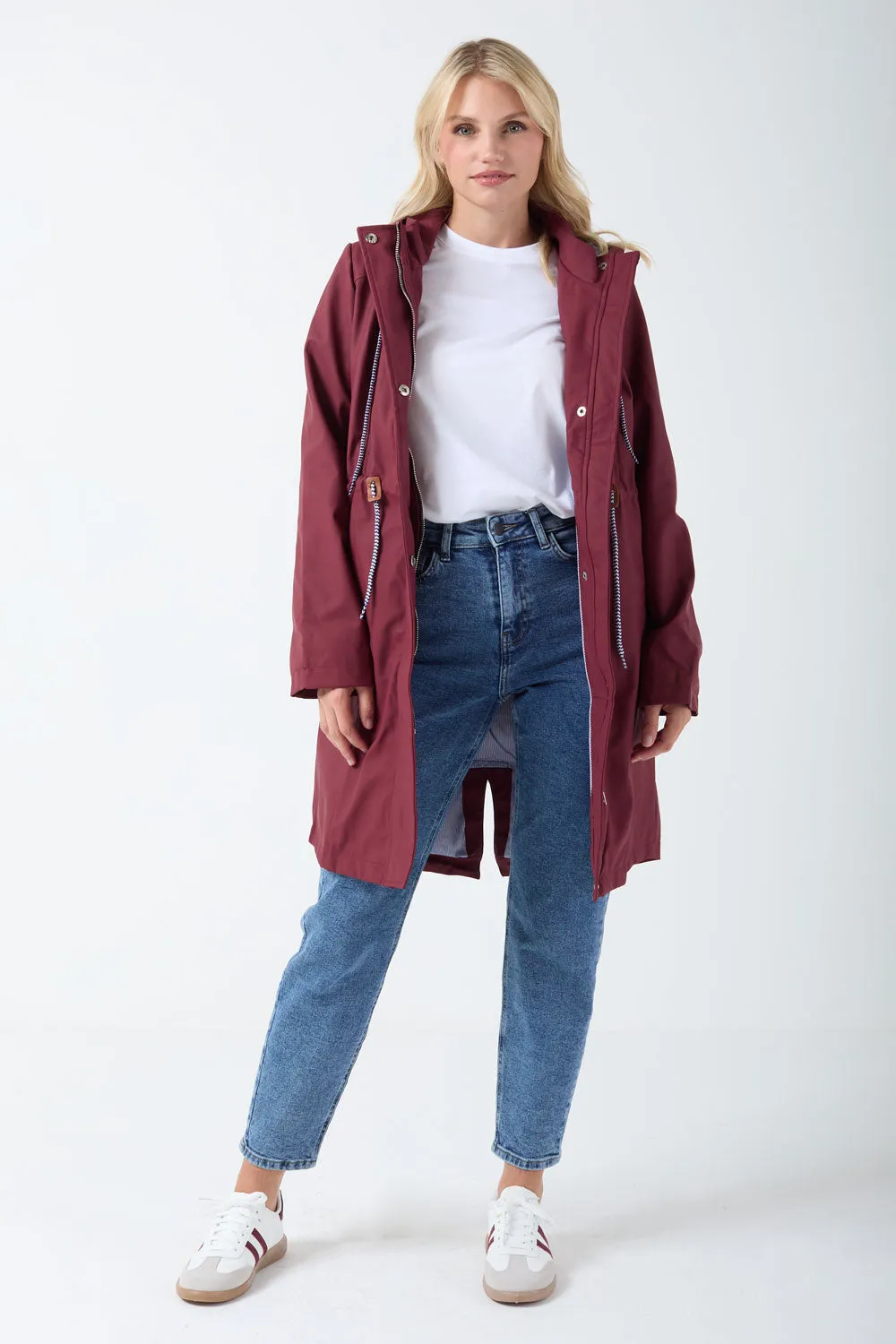 Marc Angelo Longline Luxury Raincoat in Rich Wine Color, Model MA25002