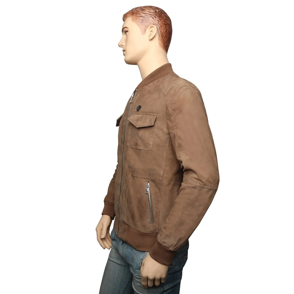 Men's Multi Pockets Beige Suede Leather Jacket with Rib Design by Brune & Bareskin