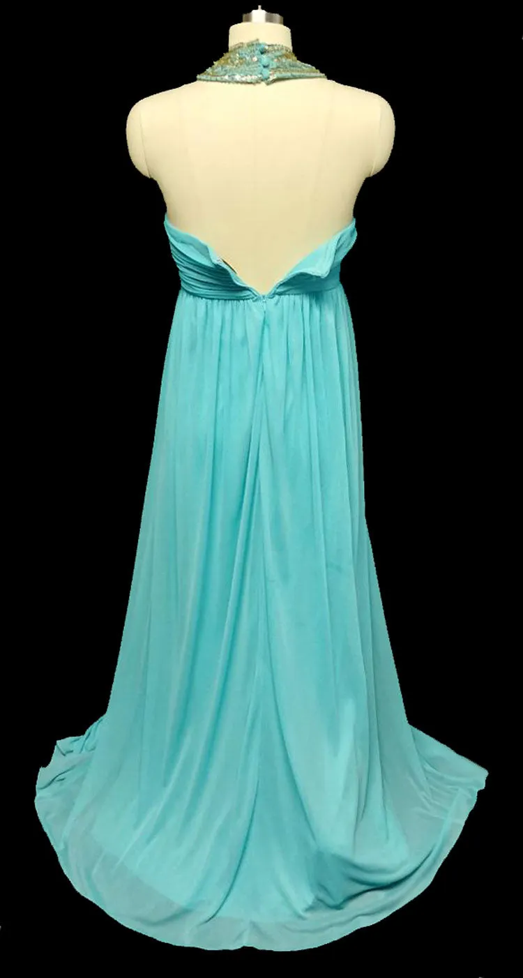 *NEW WITH TAG & BAG OF SEQUINS & SHOT - BEAUTIFUL GODDESS HALTER EVENING GOWN ENCRUSTED WITH SPARKLING GOLD SEQUIN & BEADS IN TURQUOISE