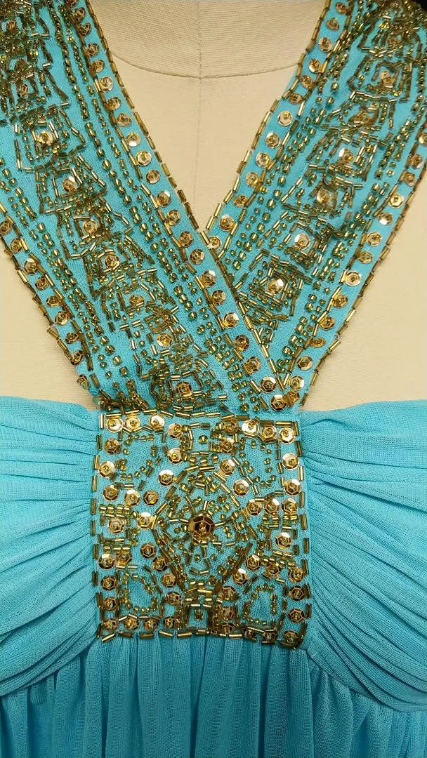*NEW WITH TAG & BAG OF SEQUINS & SHOT - BEAUTIFUL GODDESS HALTER EVENING GOWN ENCRUSTED WITH SPARKLING GOLD SEQUIN & BEADS IN TURQUOISE