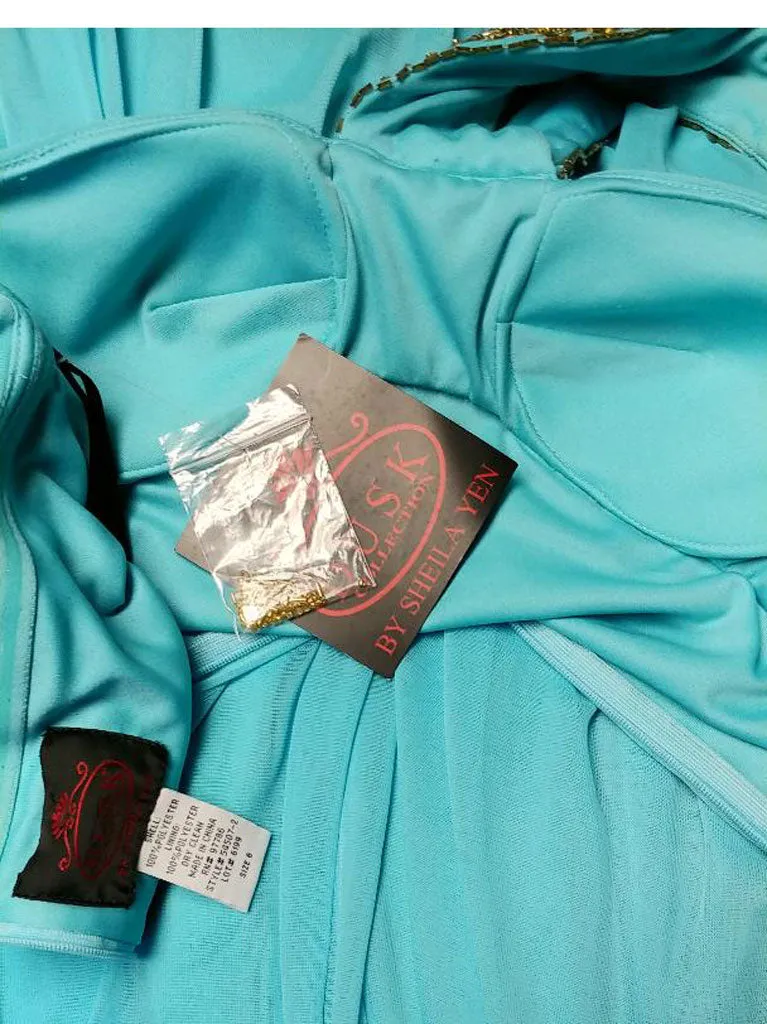 *NEW WITH TAG & BAG OF SEQUINS & SHOT - BEAUTIFUL GODDESS HALTER EVENING GOWN ENCRUSTED WITH SPARKLING GOLD SEQUIN & BEADS IN TURQUOISE