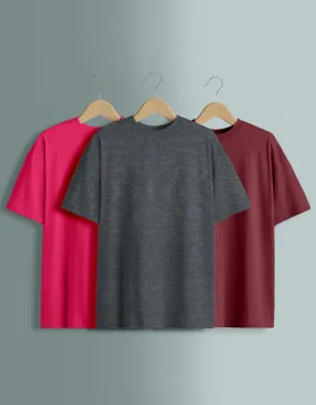 Pack of 3 Solid Oversized T-shirts: Maroon & Anthra & Vivamagenta