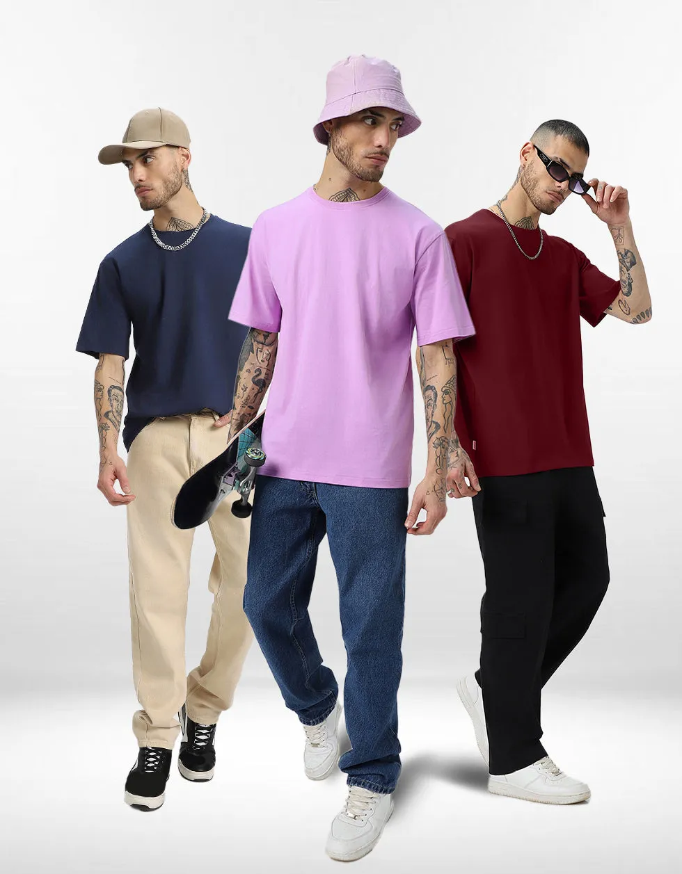Pack of 3 Solid Oversized T-shirts: Maroon & Lilac & Navy