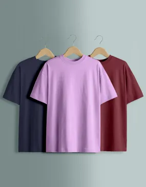 Pack of 3 Solid Oversized T-shirts: Maroon & Lilac & Navy