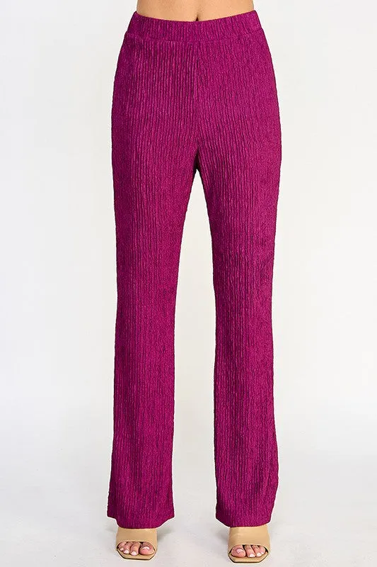 Plum Plisse Fitted Flare Knit Pants