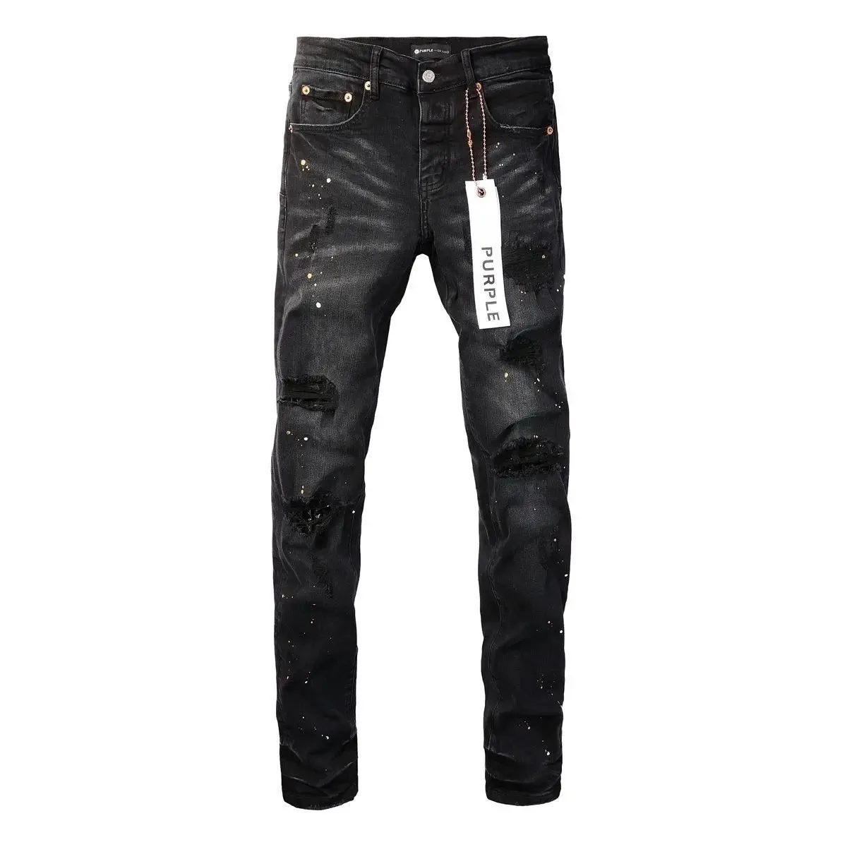 Purple New Men's Knee Ripped Straight Jeans American High Street Inkjet Black Stretch MEN JEANS