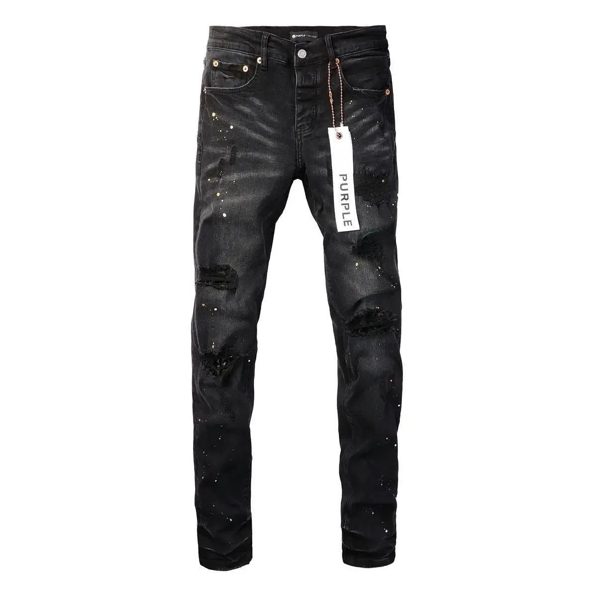 Purple New Men's Knee Ripped Straight Jeans American High Street Inkjet Black Stretch MEN JEANS